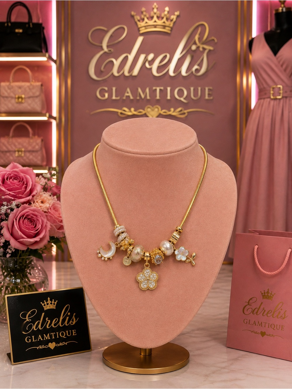 Gold & Pink Floral Charm Necklace